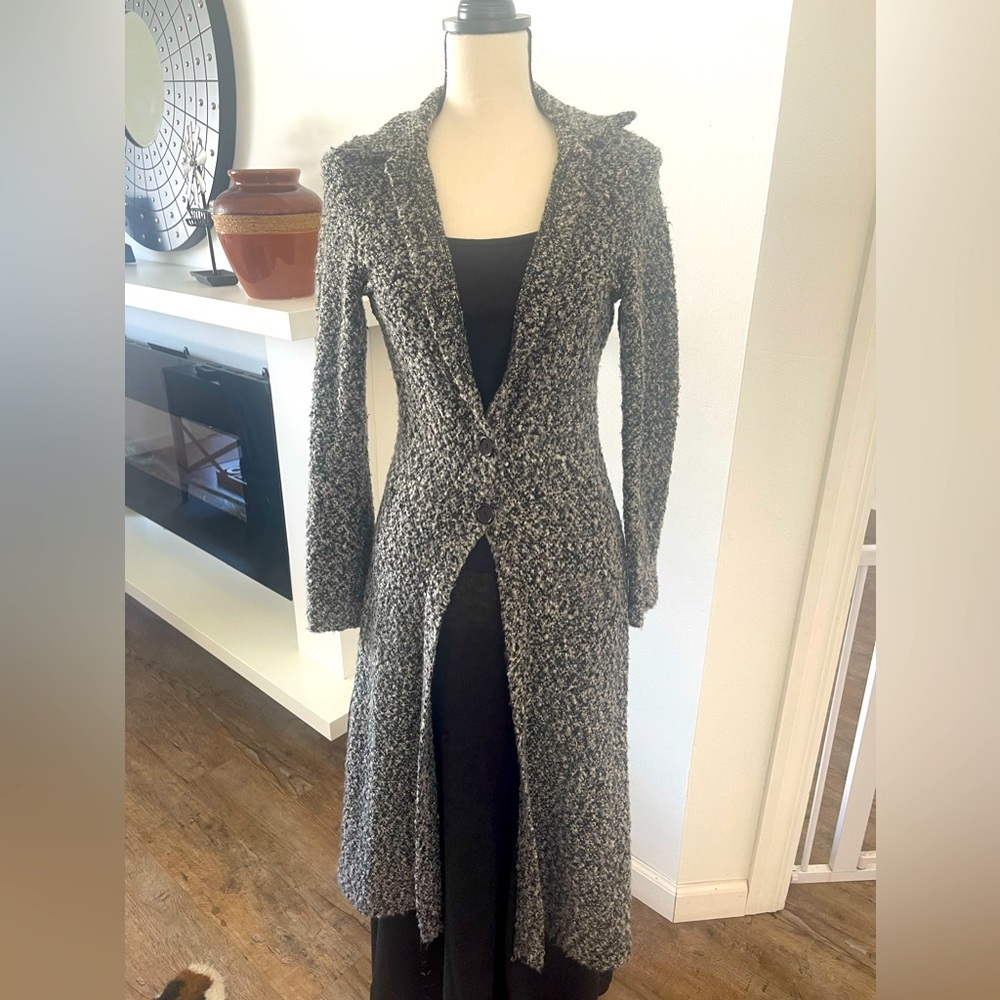 Long Gray Bouclé Knit Cardigan Sweater